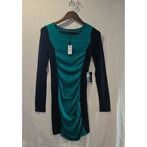 Express Colorblock Ruched Long Sleeve Bodycon Dress Teal Black XS
